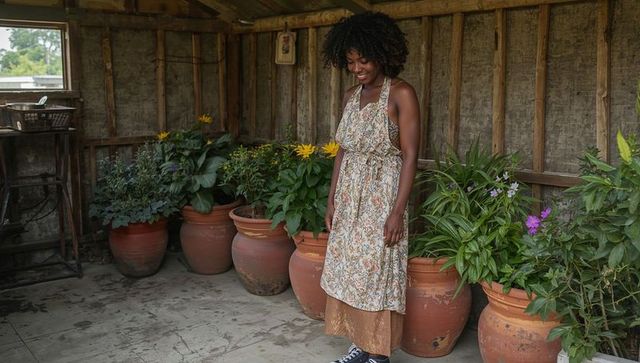 Standing woman tending potted plants in rustic shed