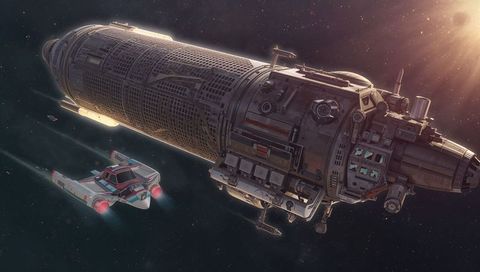 Massive cylindrical space freighter orbiting star with escort shuttle trailing thrusters