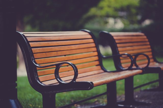 Serene image of empty wooden park benches with black metal armrests in a tranquil garden. Ideal for promoting public parks, outdoor relaxation spots, mindfulness, or peaceful retreats. Can be used in campaigns related to urban greenery, community spaces, and environmental conservation.