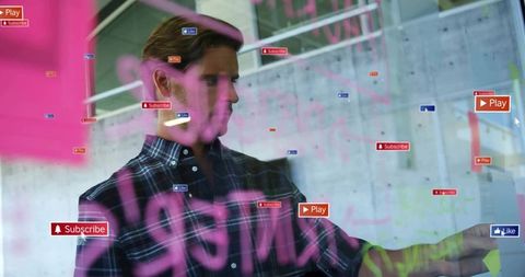 Professional collaborating in modern office with floating digital icons