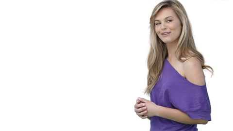 Smiling Woman Interacting with an Invisible Display Screen