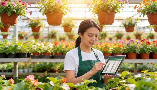 Updating tablet inventory in greenhouse nursery with female gardener and colorful blooms