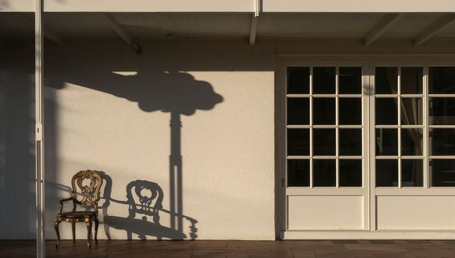 Ornate carved chair casting long shadow on sunlit veranda with french doors