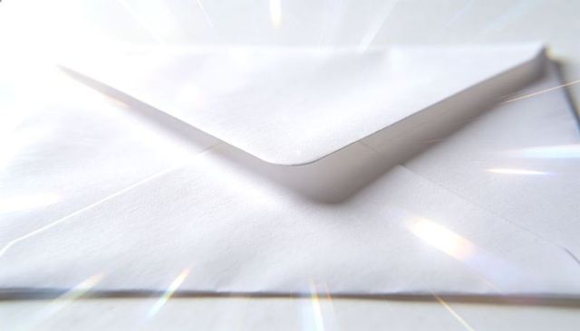 Opening White Envelope with Triangular Flap and Prism Light Streaks, Macro High-Key Paper Texture