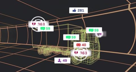 Neon wireframe truck revealing trailer chassis displaying floating social media badges
