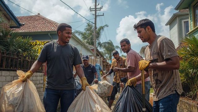 Community volunteers carrying filled trash bags while cleaning tropical neighborhood lane