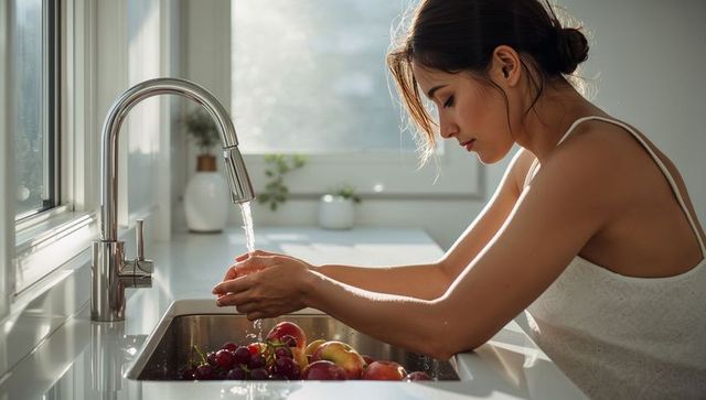 Woman rinsing fruit at sunlit modern kitchen sink under chrome faucet, minimalist healthy living