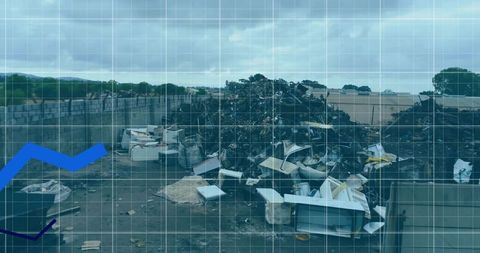 Scrap metal heap featuring broken appliance panels and blue grid overlay for recycling