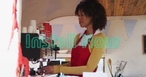 Barista Making Coffee with Neon Text Overlay and Modern Twist