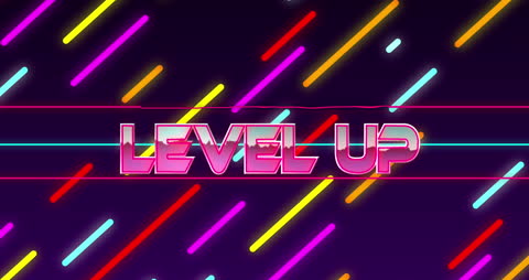 Vibrant 'Level Up' Gaming Interface Design with Colorful Neon Streaks