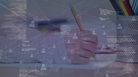 Student Writing Surrounded by Digital Network Connections