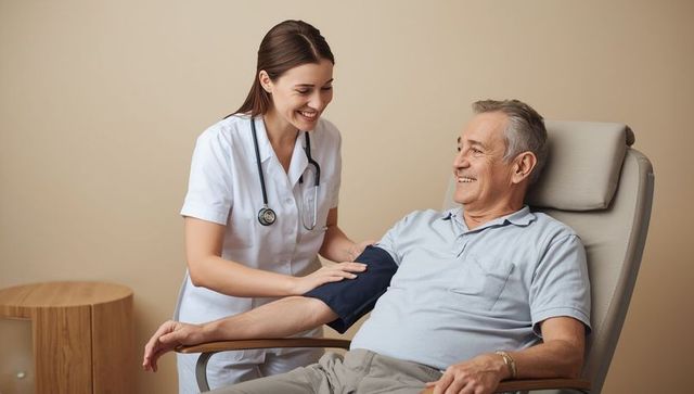Smiling nurse measuring elderly man's blood pressure in clinic