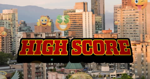 High Score Animation with Emojis Over Cityscape