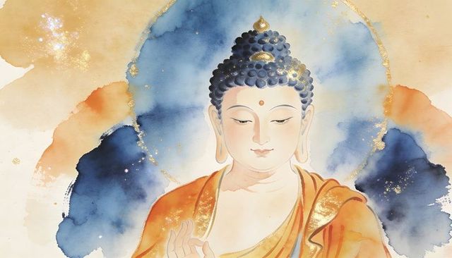 Serene meditating buddha wearing saffron robe with gold leaf accents and blue halo
