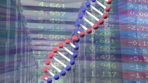 DNA Strand Overlaying Financial and Data Display in Server Room