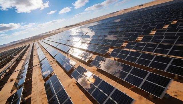 Utility-scale solar array spanning arid desert, photovoltaic panels reflecting sky