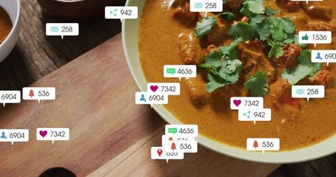 Creamy cilantro curry bowl with floating social media notification icons