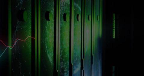 Emerald-glowing data center server racks with digital globe overlay and network chart
