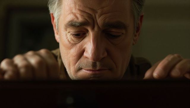 Contemplative senior man leaning on desk gripping wood, moody warm light closeup headshot
