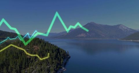 Glowing line graphs overlaying mountain lake panorama for environmental data visualization