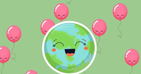 Smiling earth with red balloons symbolizing joyful planet