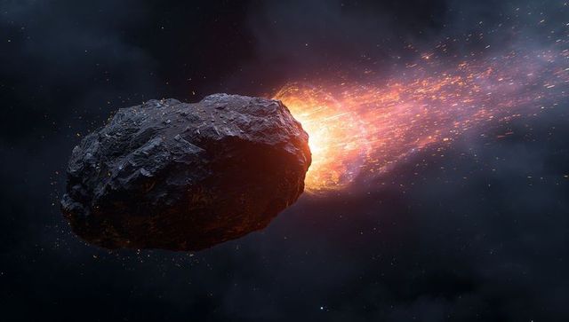 Blazing meteoroid streaking through dark starfield with glowing plasma trail and sparks