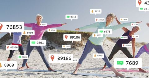 Women Practicing Yoga on Beach with Overlaid Social Media Notifications