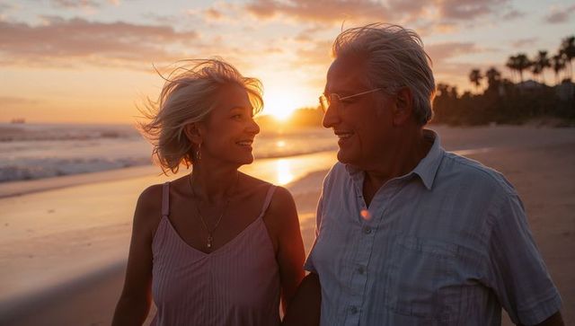 Senior couple walking at sunset on palm-lined beach smiling holding hands romantic stroll