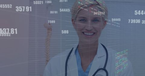 Confident Female Doctor Overlaid with Financial Data