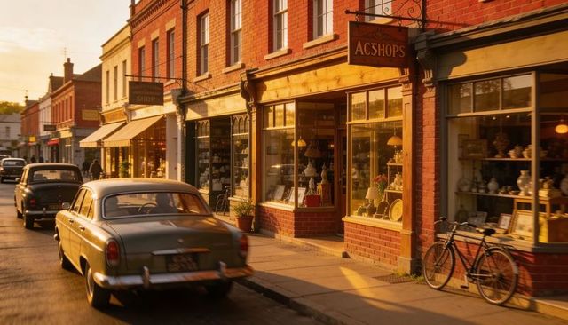 Nostalgic small-town main street at golden hour with vintage cars, brick shopfronts