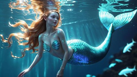 Enchanting mermaid in serene underwater world with iridescent tail