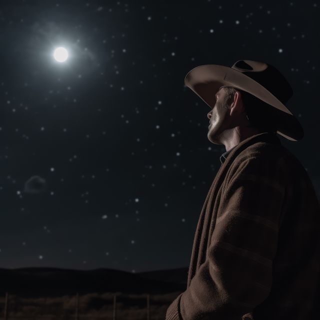 Image shows a cowboy wearing a hat and plaid jacket, gazing at the night sky lit by a full moon. Ideal for themes of solitude, tranquility, rural life, and western lifestyle. Can be used in storytelling, advertising, or serene outdoor scenes.