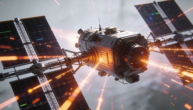 Futuristic Orbital Module Emitting Orange Energy Beams with Solar Array Truss
