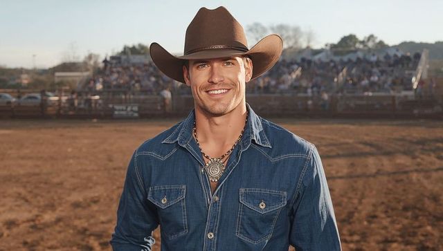 Smiling cowboy in blue denim at rural rodeo arena