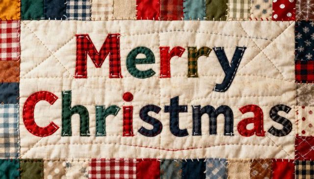 Handmade merry christmas patchwork quilt panel featuring appliqued letters and rustic stitching