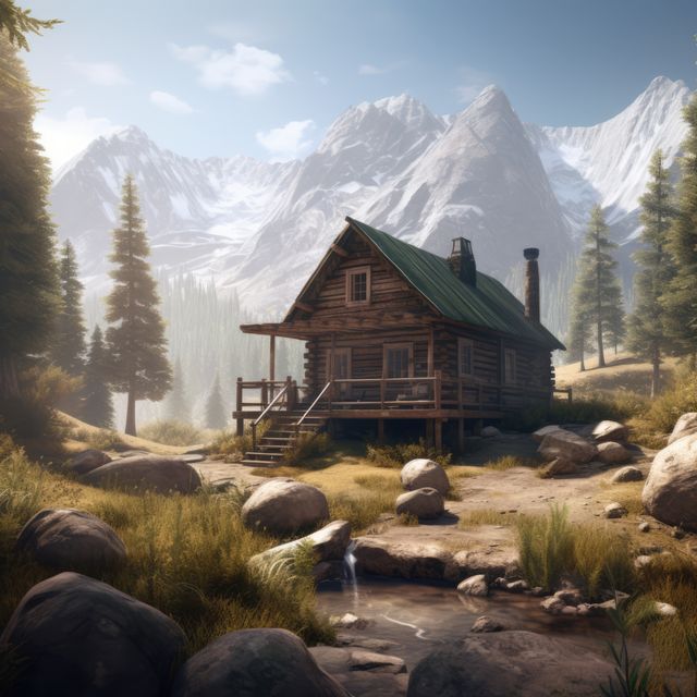 Rustic log cabin scene set in peaceful mountain landscape with a stream running through evergreen trees. Ideal for promoting outdoor adventure retreats, serene nature escapes, and hiking, or illustrating concepts related to tranquility, rustic living, and wilderness exploration.