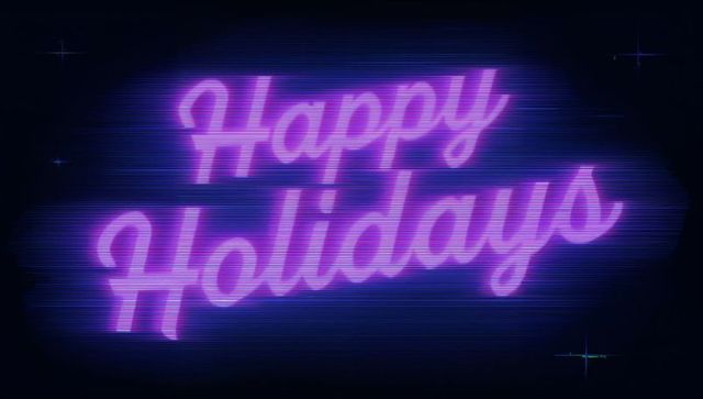 Neon cursive happy holidays glowing with retro vhs scanline, glitch glow, nostalgic vibe