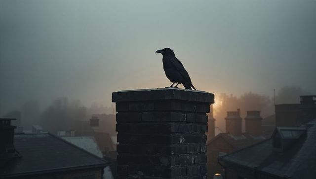 Solitary Crow Silhouetted on Foggy Rooftop Chimney