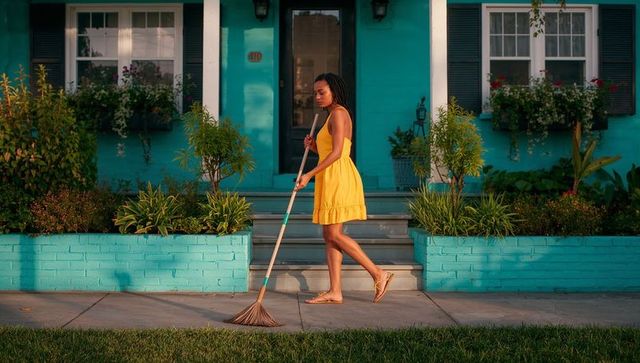 Woman sweeping sidewalk in yellow sundress outside turquoise house with planter boxes