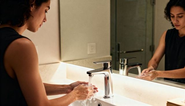 Woman washing hands at modern bathroom vanity, rinsing soapy hands under chrome faucet