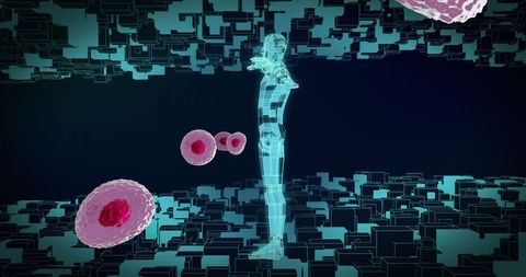 Digital human and cells in futuristic virtual environment