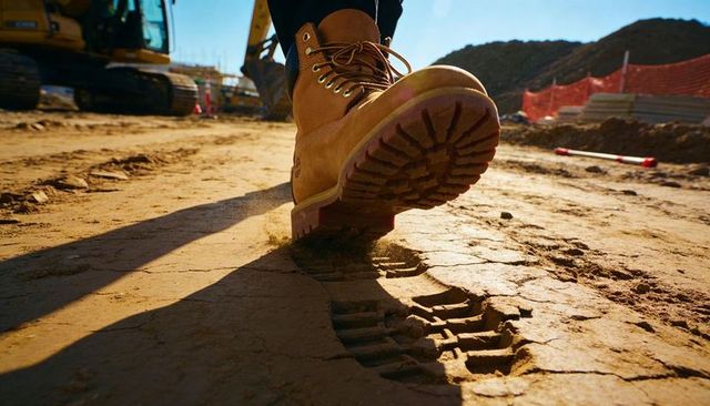 Low-angle construction boot stepping into dirt leaving deep lug tread footprint closeup