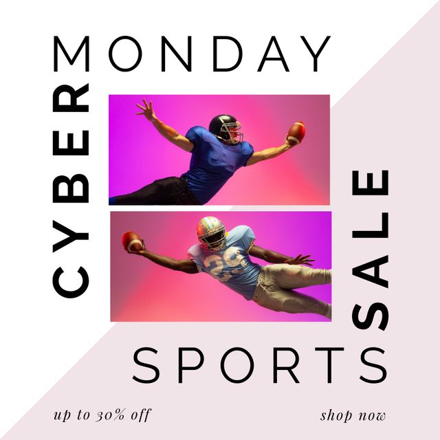 Composition of cyber monday text over diverse american football players on white background. Cyber monday, shopping and sale concept digitally generated image.