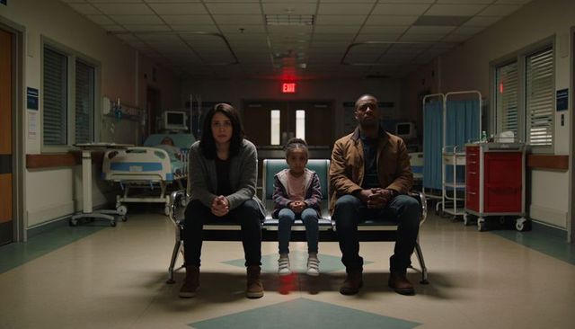 Family waiting in hospital corridor looking anxious child wearing pink hoodie