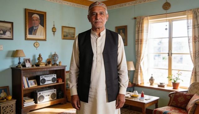 Standing senior man wearing shalwar kameez and waistcoat in sunlit traditional living room