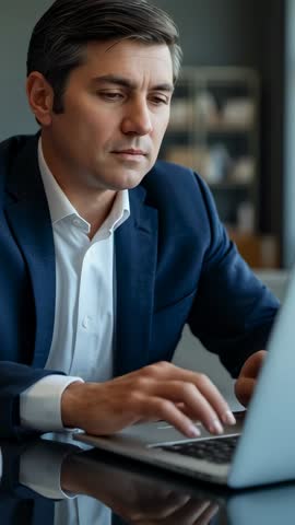 Executive entering office opening laptop typing and reviewing messages vertical video