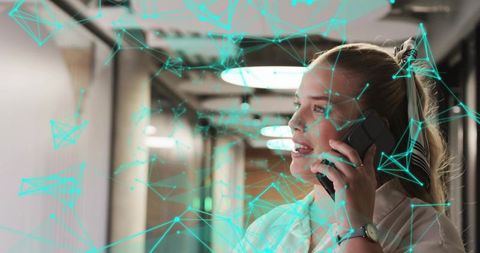 Businesswoman Discussing Ideas with Digital Network Overlay