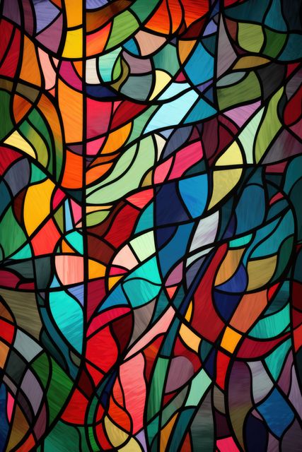 Vibrant stained glass with a complex, abstract mosaic design. Ideal for backgrounds, interior decor inspiration, art pieces, modern design elements, and creative projects.