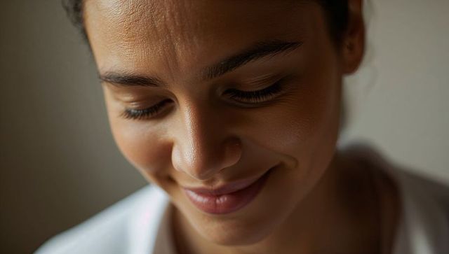 Smiling woman lowering eyes showing dimples closeup calm warm natural light headshot