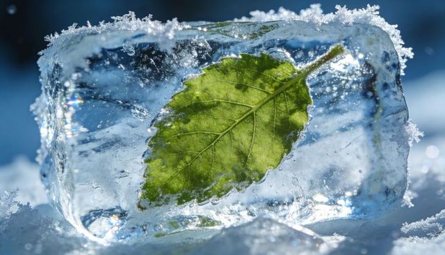 Glowing green leaf encased in crystal clear ice block on snow with air bubbles